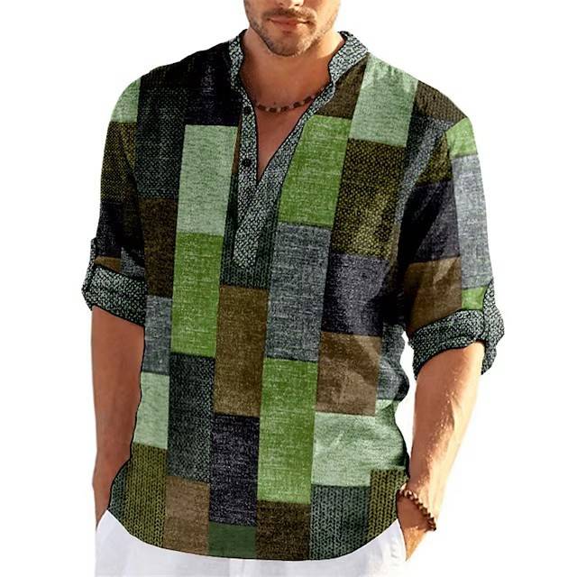 Men's 3D Printing Plaid Stand Collar Casual Shirt