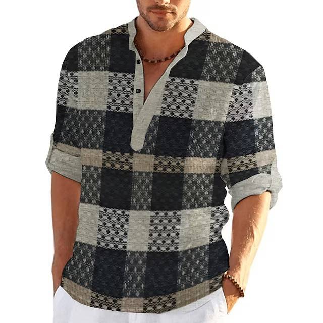 Men's 3D Printing Plaid Stand Collar Casual Shirt