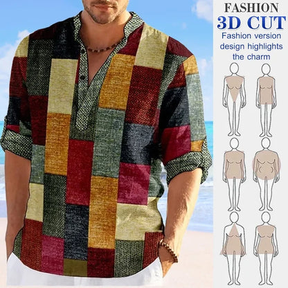 Men's 3D Printing Plaid Stand Collar Casual Shirt